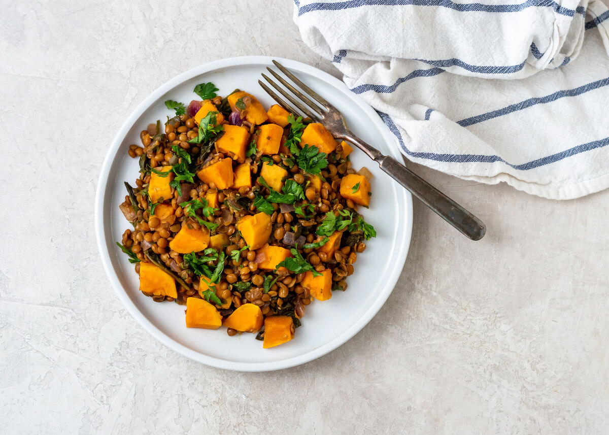 21 Recipe Ideas to Help Manage Your Clients Blood Sugar: Warm Lentil & Sweet Potato Salad