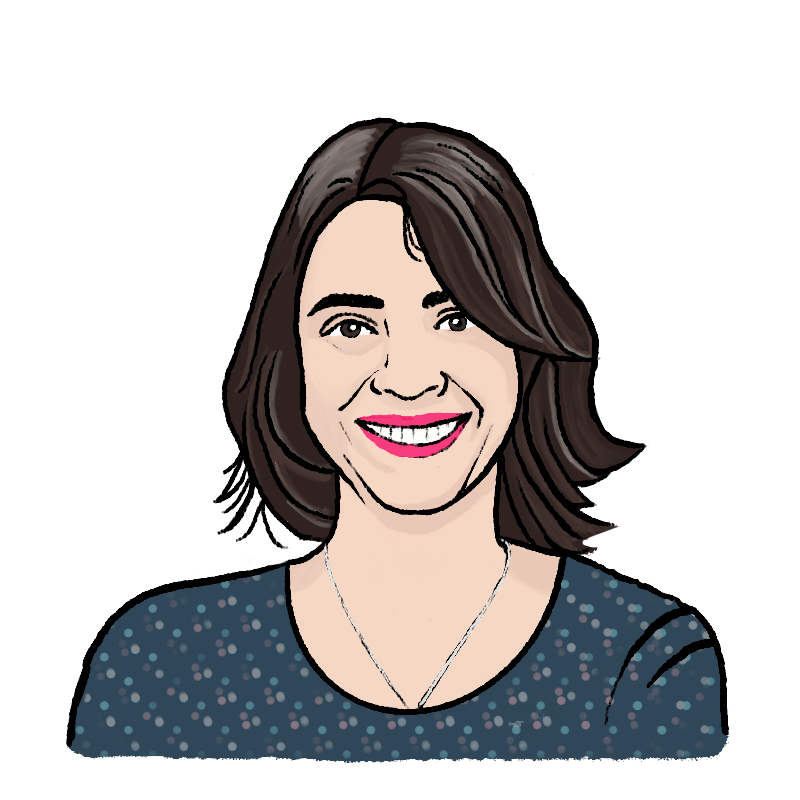 A cartoon sketch of a woman, Zeva Bellel, is smiling