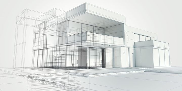Architectural rendering of a modern house where one half remains a wireframe blueprint and the other half is fully rendered with solid walls and finished materials.