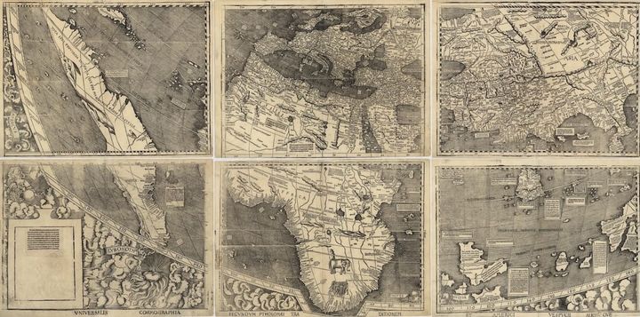 Detail from Martin Waldseemüller's 1507 world map, showing the South American coastline with the word "America" printed on the continent for the first time.