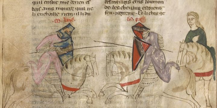 A medieval manuscript illumination showing two armored knights on horseback charging at each other with lances, one under a pink cloth and blue shield, the other under a purple cloth and red 
