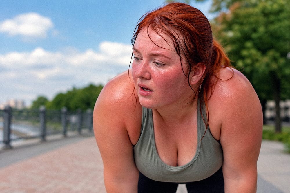 A plus-size woman after a run, with a flushed, beet-red sweaty face