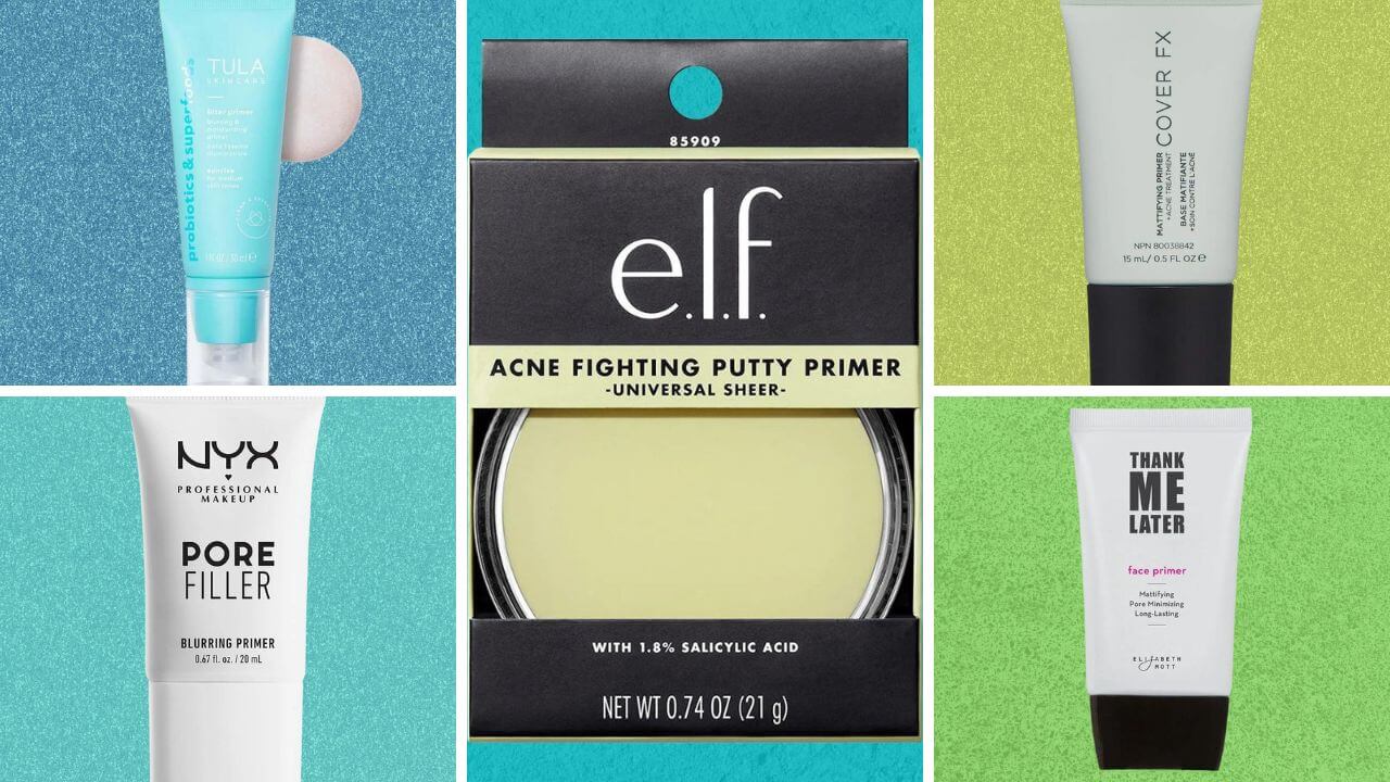 A collage of primers from the following brands: e.l.f.; Elizabeth Mott; NYX Professional Makeup; Cover FX; and Tula Skincare. 
