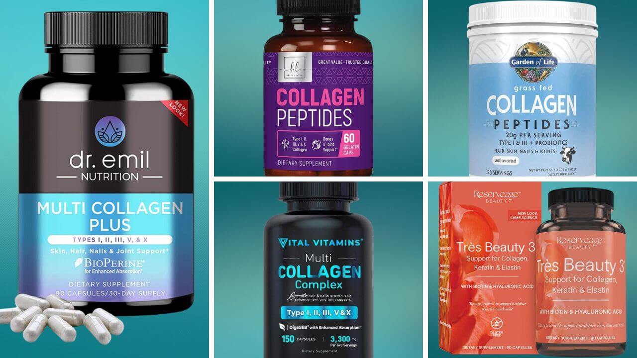 Collage of the 5 best collagen supplements specifically formulated to combat sagging skin.