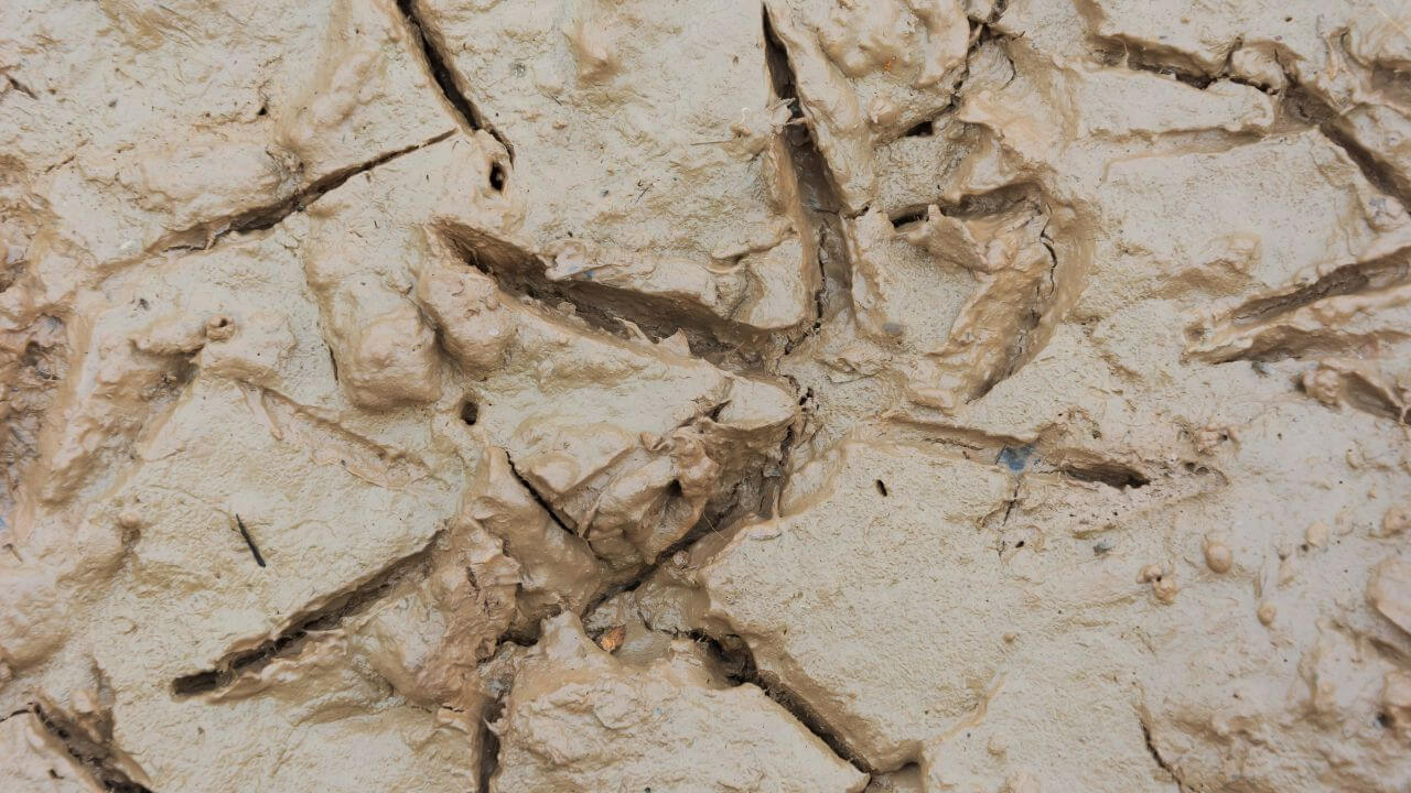 A crow’s footprint in brown mud. 
