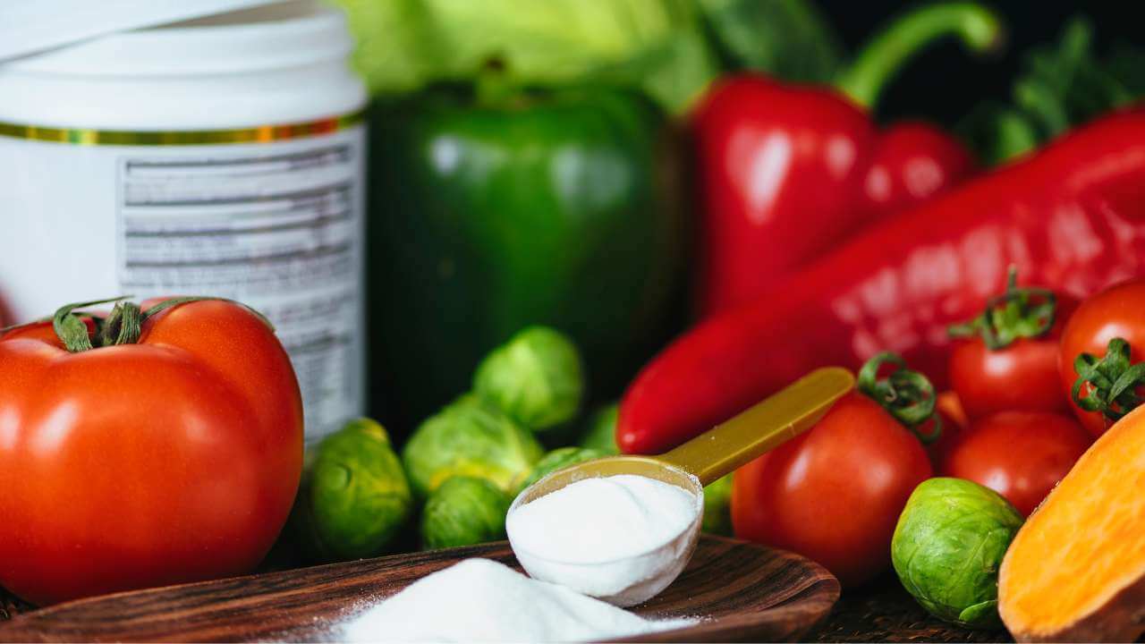 Spoonful of collagen powder surrounded by a selection of colorful vegetables.