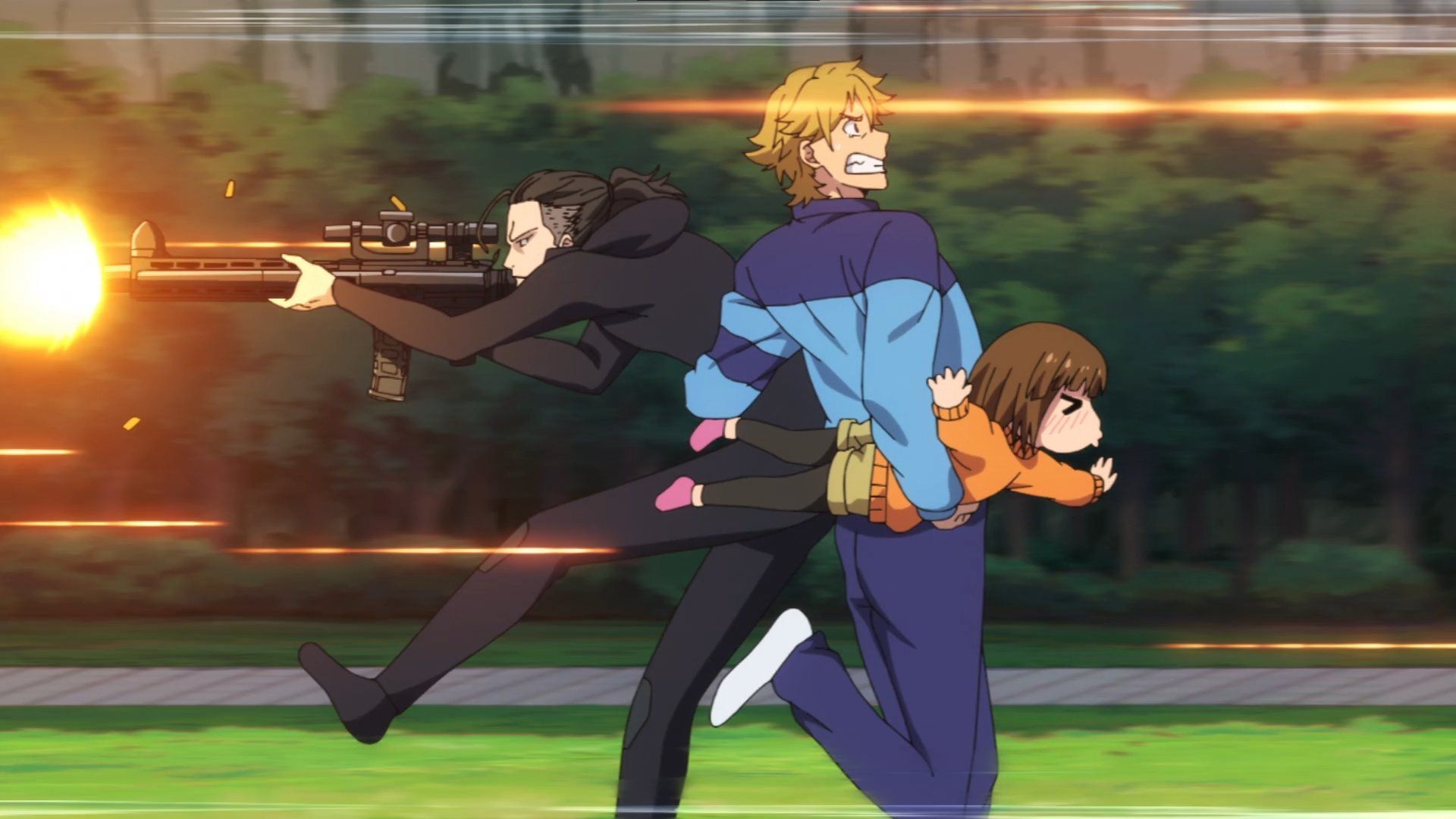 man flees from gunfire while holding his child who is doing "airplane" and his husband who is shooting at the bad guys