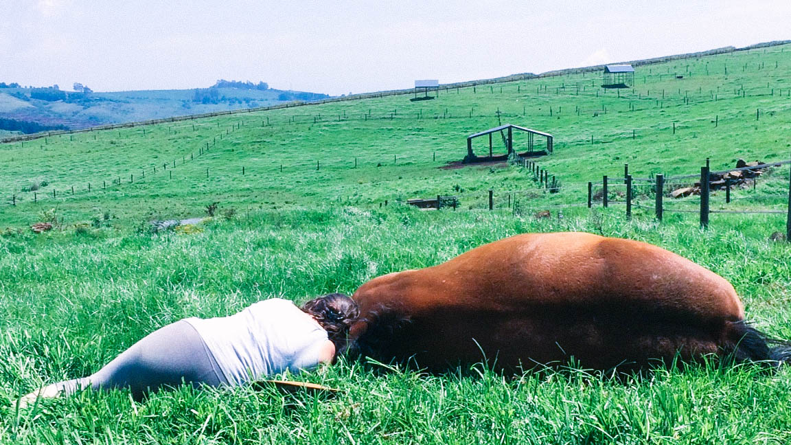 Kelly laying in a field with her horse, Texas