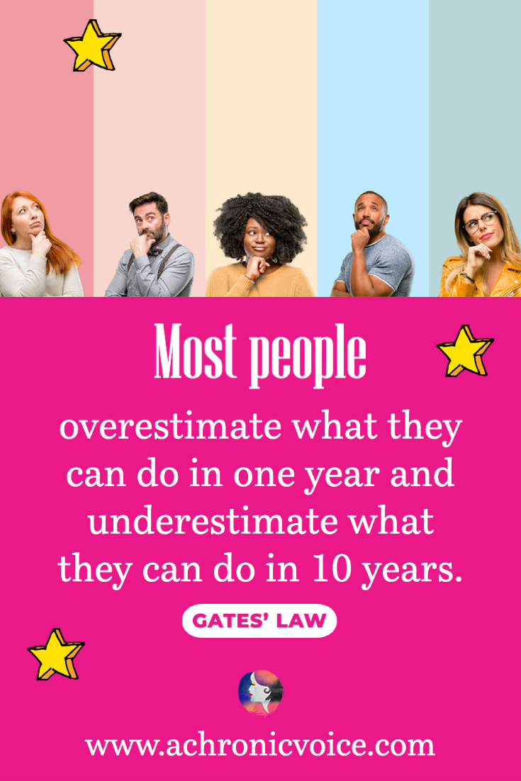 “Most people overestimate what they can do in one year and underestimate what they can do in ten years.” - “Gates’ Law” (Background: A mix of five different male and female people with fingers against their chin gazing upwards in thought.)