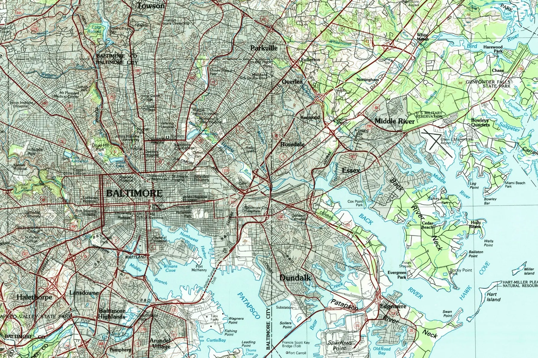 USGS topographic map of northeast Baltimore, showing Herring Run and Back River