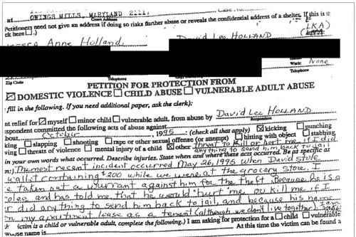 Francesca Holland's 1995 petition for protection from domestic violence, completed in her own handwriting.