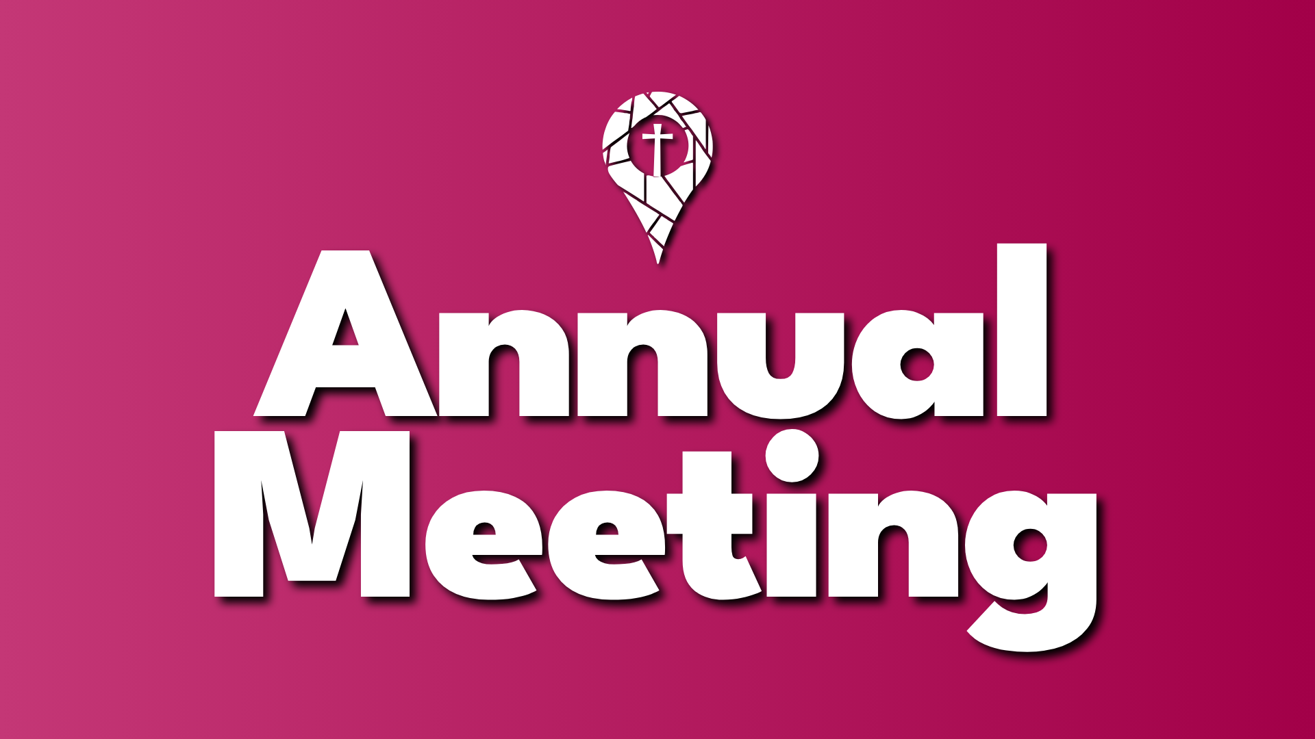 The words "Annual Meeting" appear below the Sacred Place pin logo in thick, bold, white letters on a magenta gradient background.