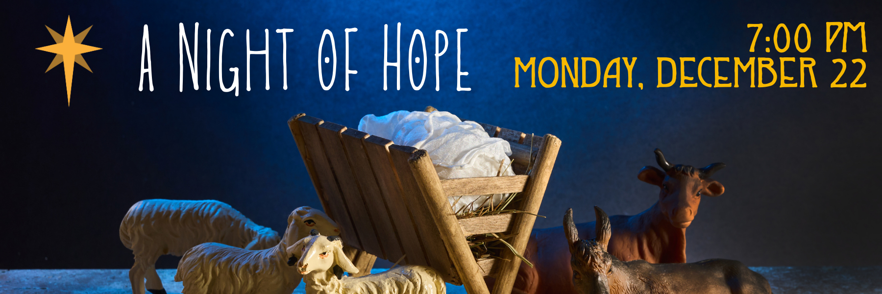 Nativity scene with an empty manger and animals beneath a dark blue night sky, used as a graphic for “A Night of Hope.”