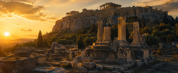 The Acropolis at golden hour, with ancient stone ruins and columns in the foreground bathed in warm sunset light.