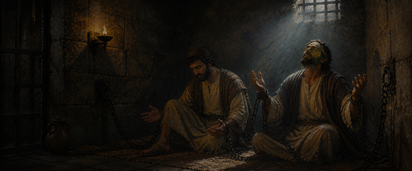 Paul and Silas in a dark prison, chained to the wall—one reflective, one praying beneath dim torchlight and a small window.