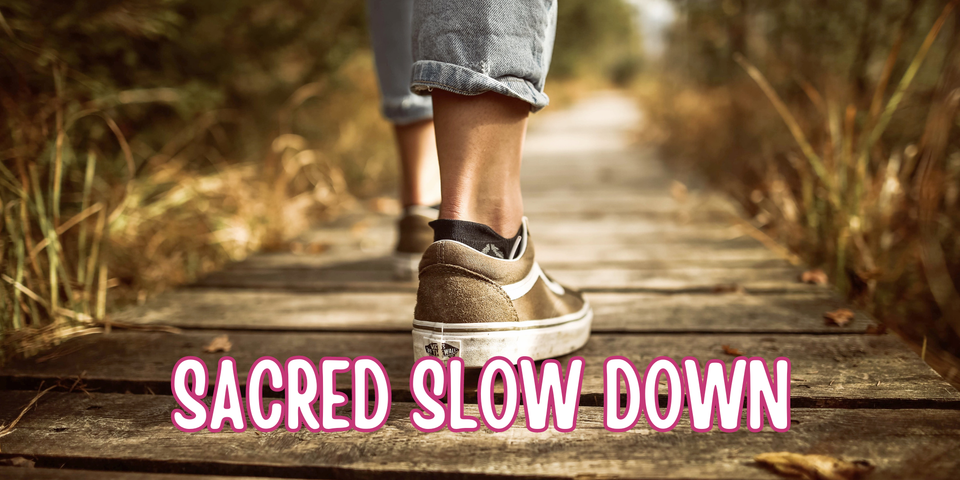 Two legs in tan suede Vans walking on a wooden path, flanked by grassy reeds. The path fades into the distance.