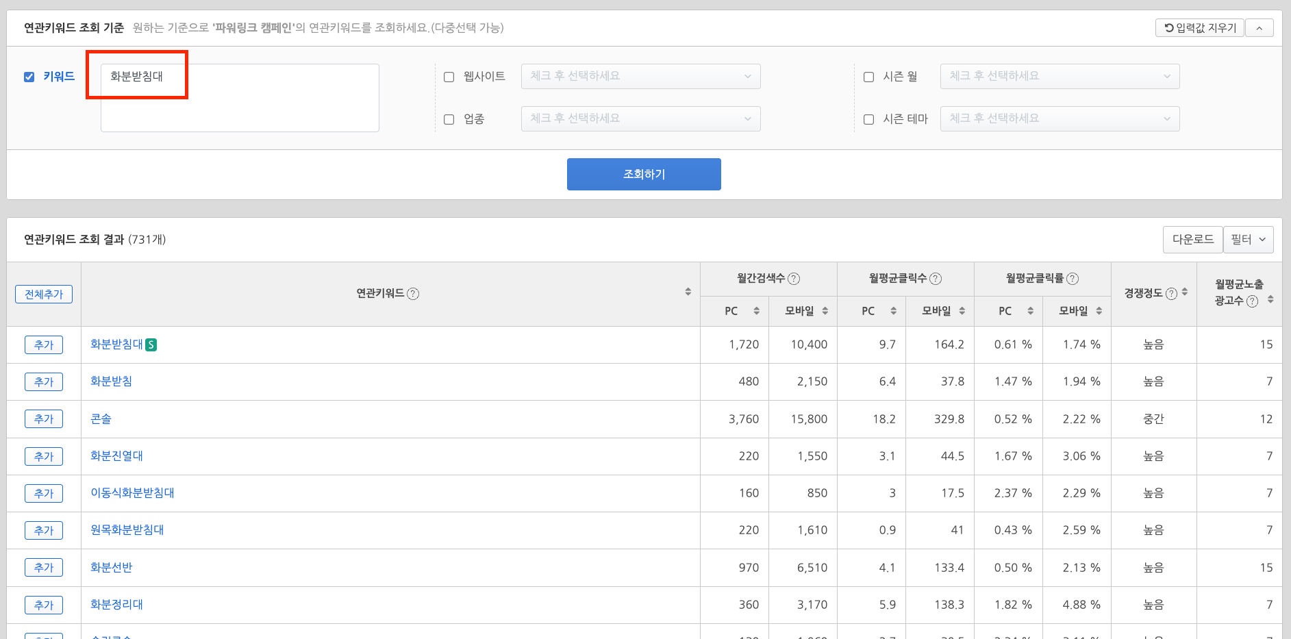 키워드 경쟁강도 검색 수 조회