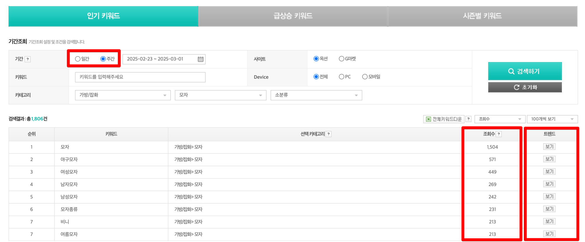 지마켓 광고센터 인기 키워드 검색량 조회