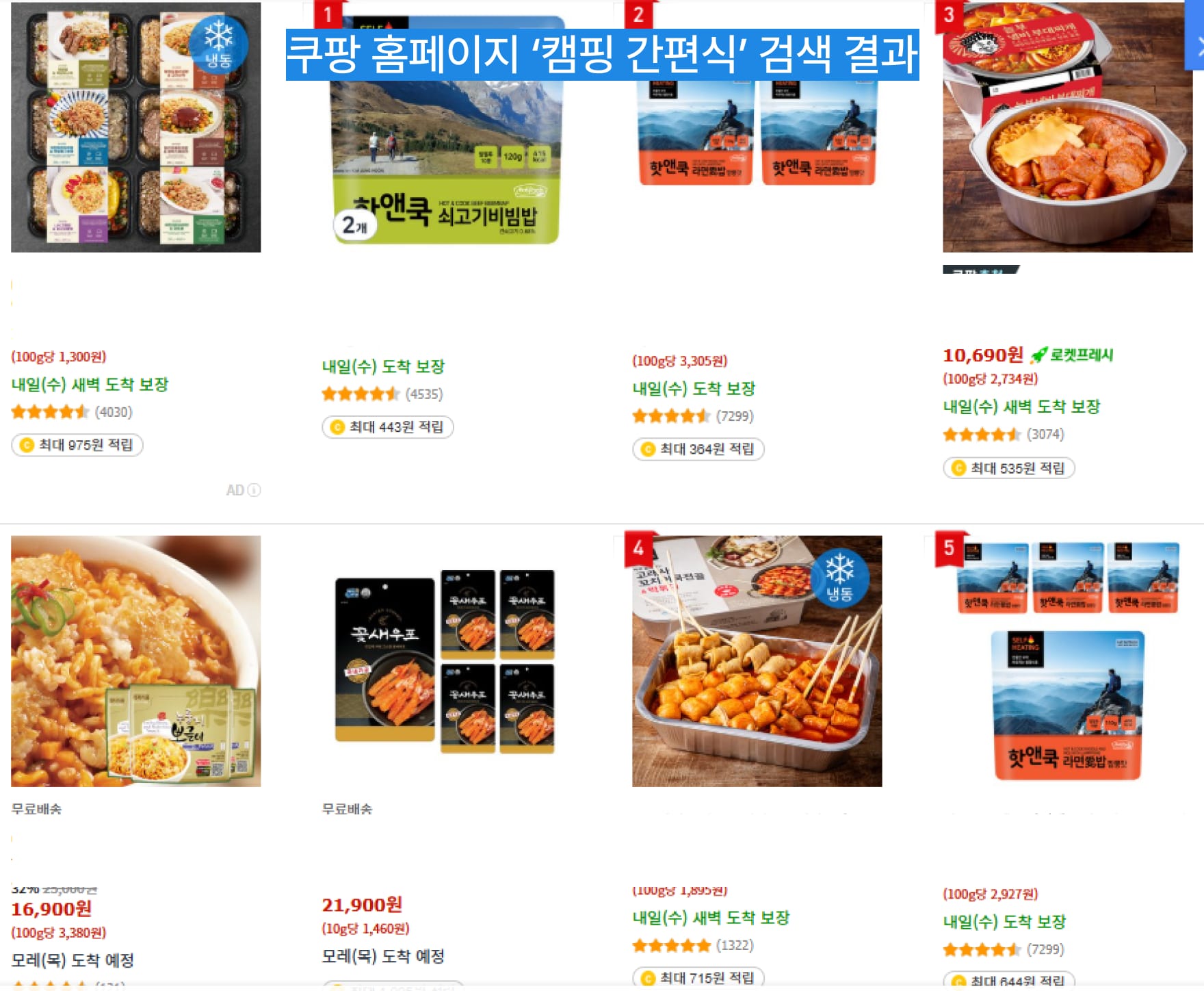 쿠팡 홈페이지 캠핑 간편식 검색 결과