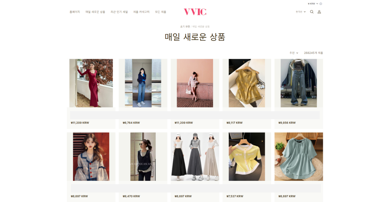 VVIC 웹사이트 [한국어 / 원화 (KRW) > 매일 새로운 상품