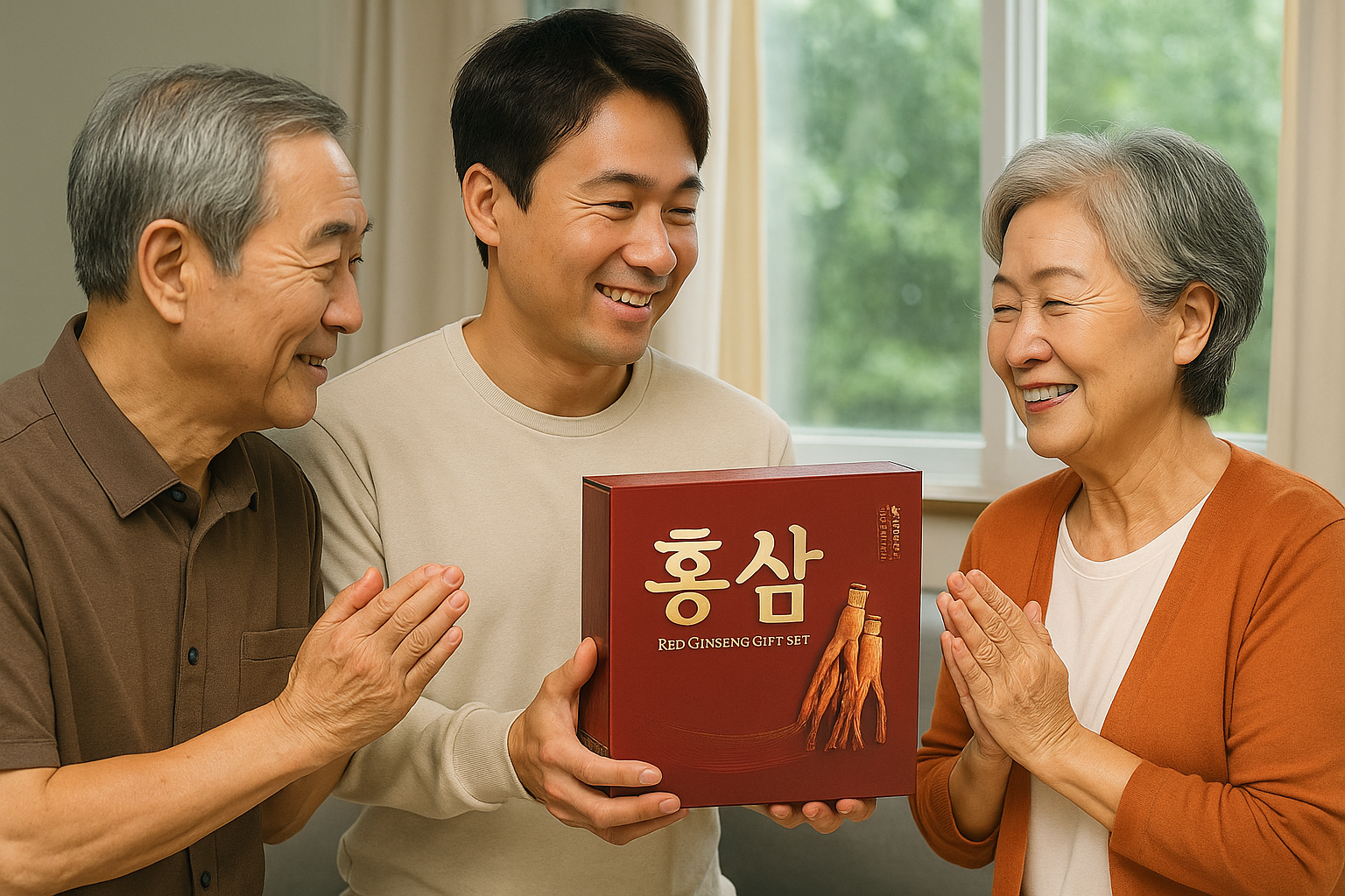 부모님께 홍삼을 선물하는 생성형 ai 이미지