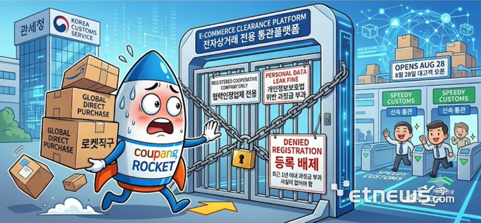쿠팡 로켓직구 전자상거래 통관 플랫폼 배제 위기(출처: 전자신문, AI 생성이미지)