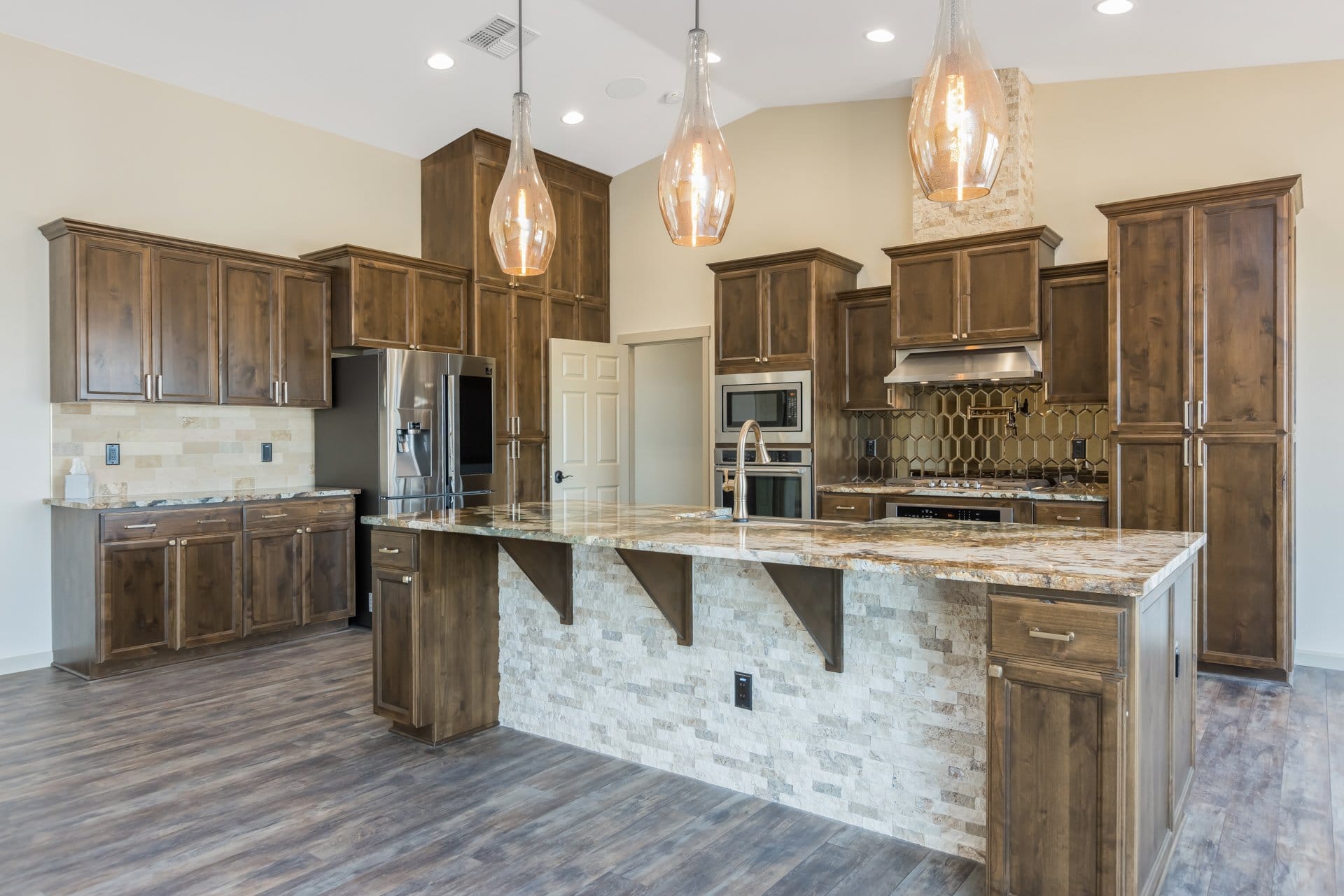 A rustic kitchen with wooden cupboards