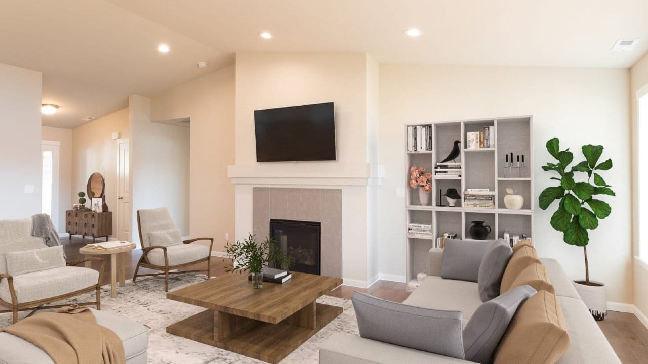 A living room with a TV