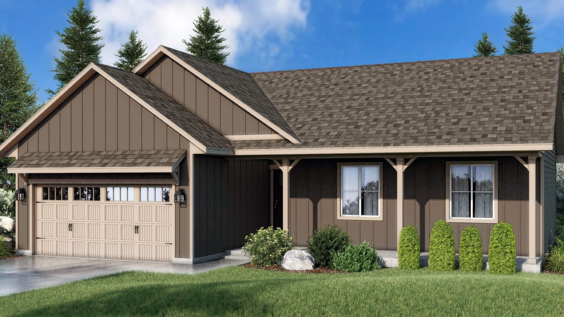 A brown farmhouse under a blue sky