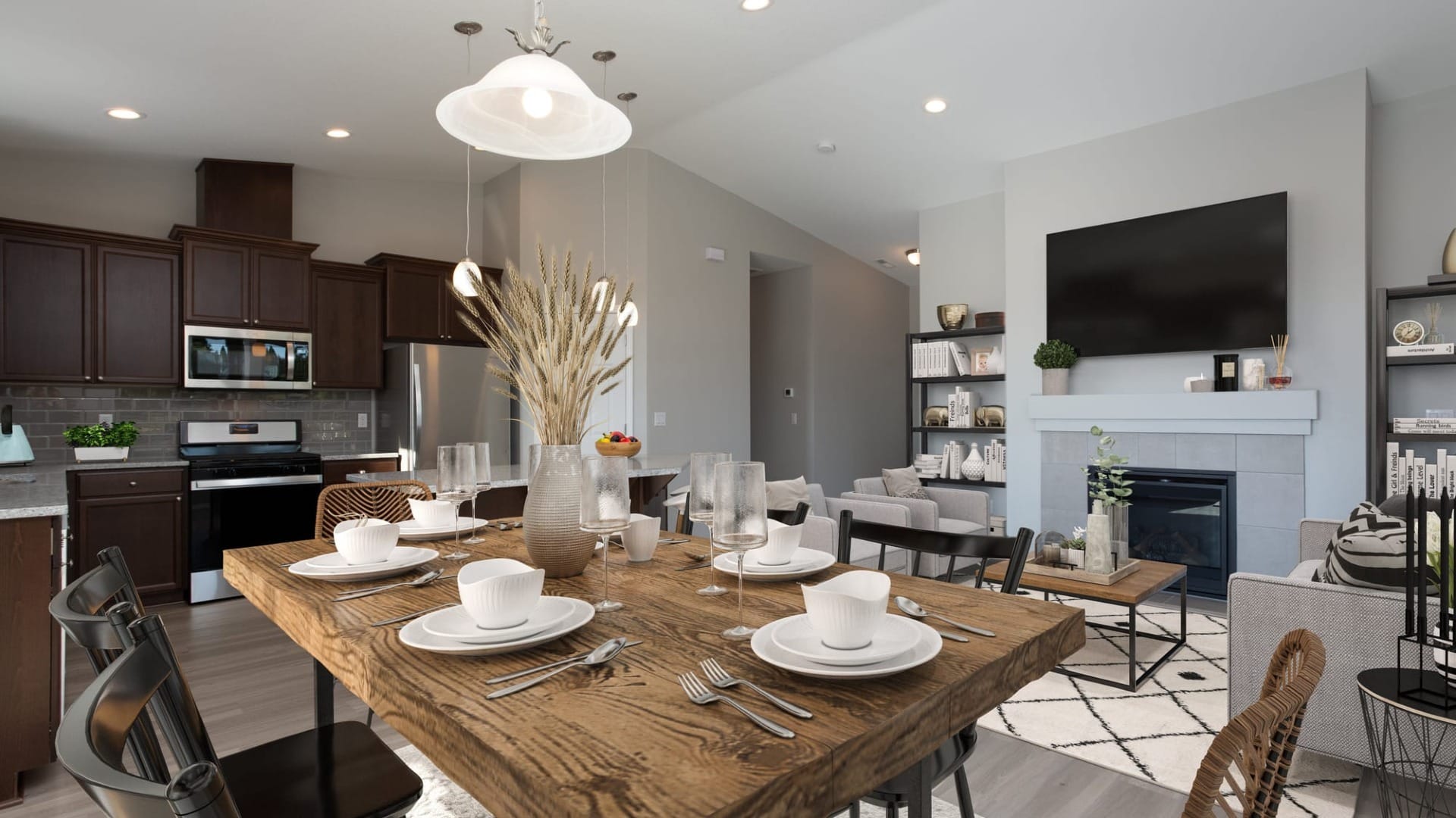 A dining room set up for a meal