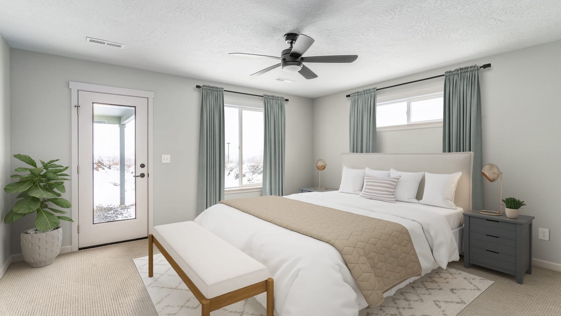 A master bedroom with a door that leads outside