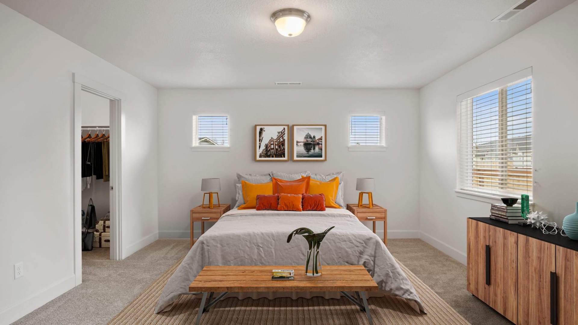 A bedroom with a walk-in closet