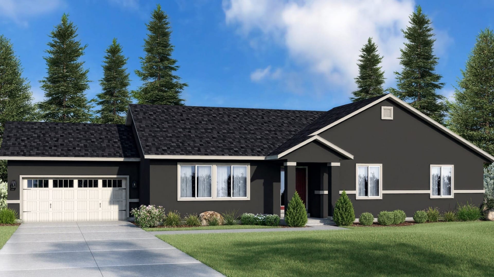 A green stucco house with a blue sky