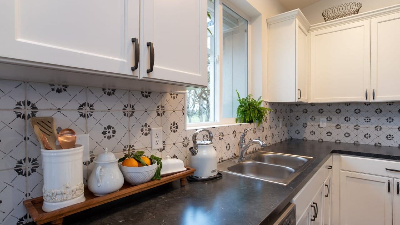kitchen counter with dark stone top