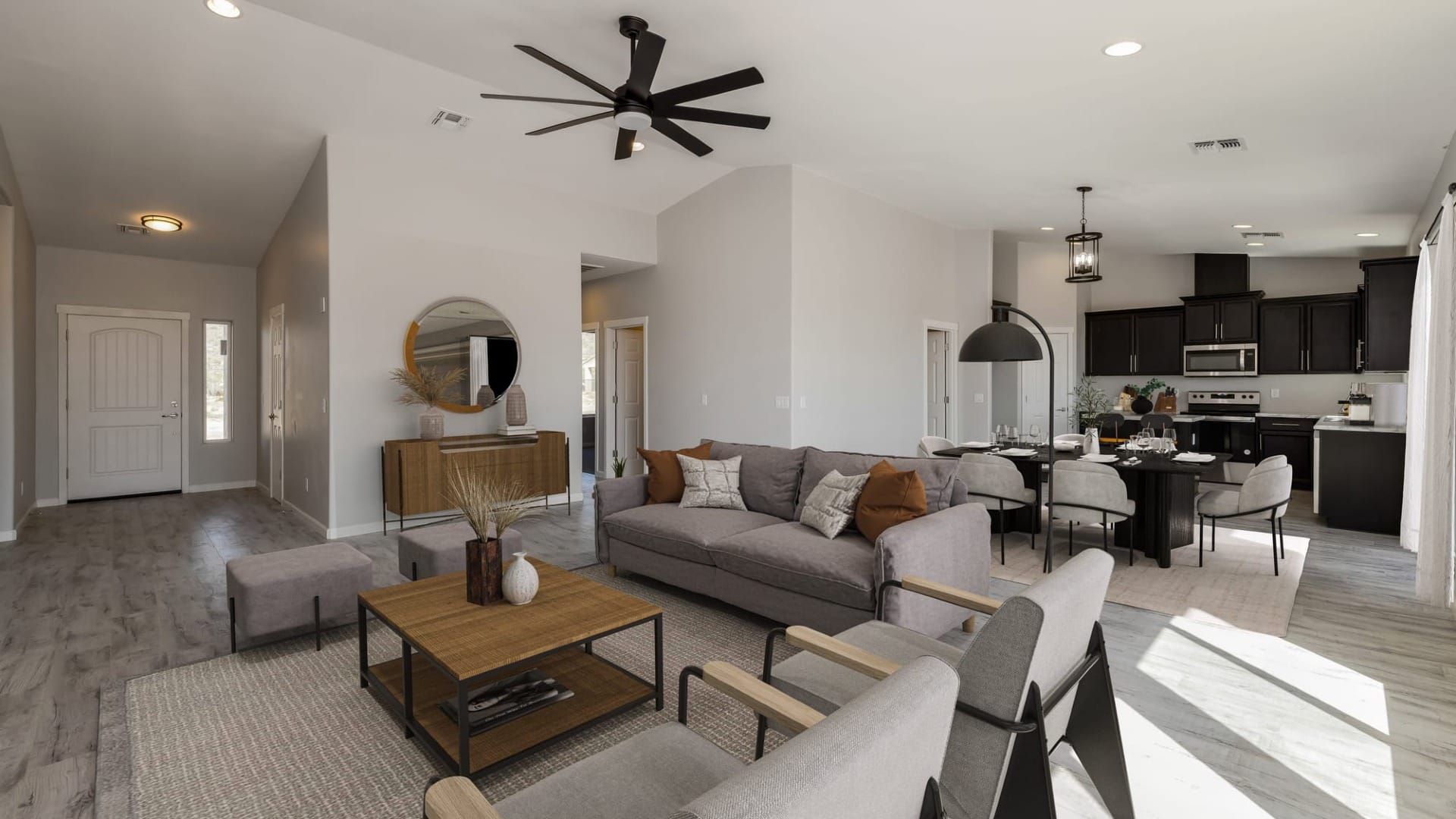 A living room and a kitchen