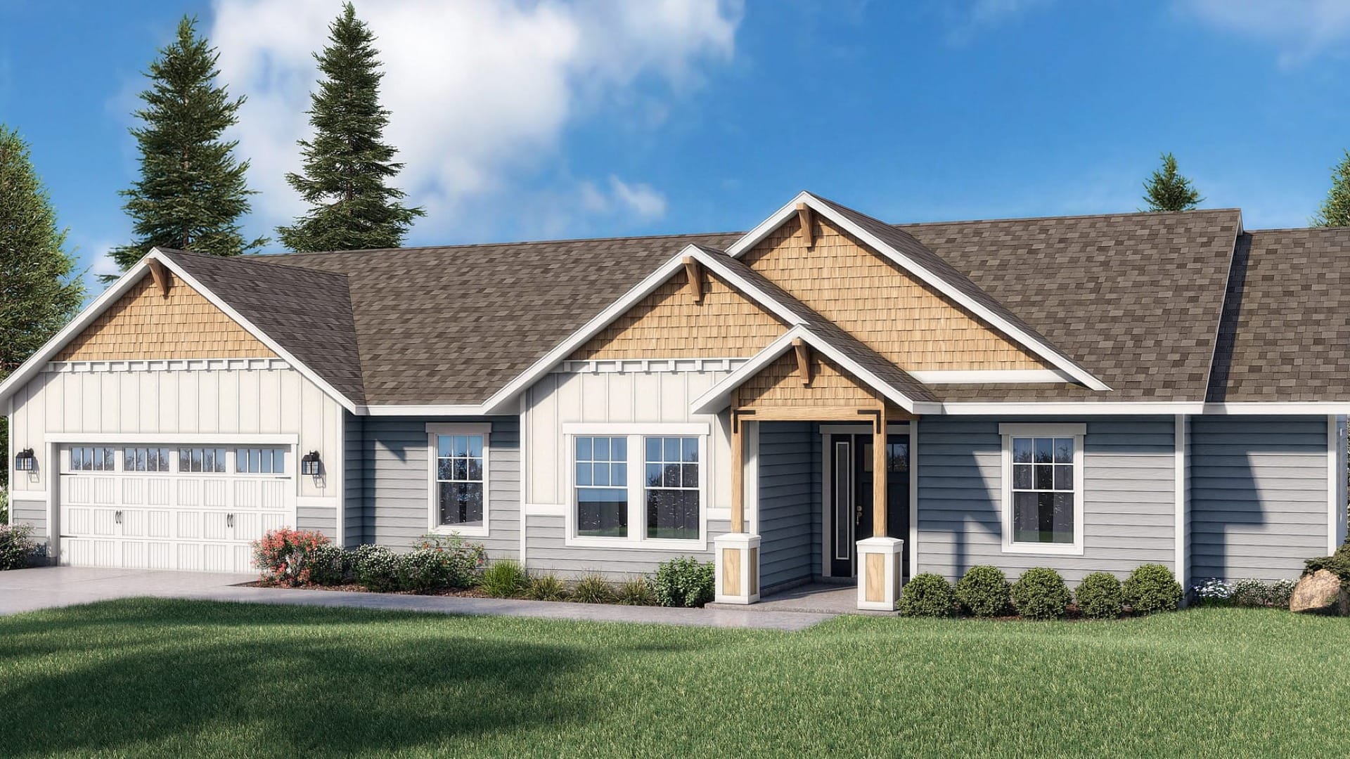 A tan and grey house with wooden accents