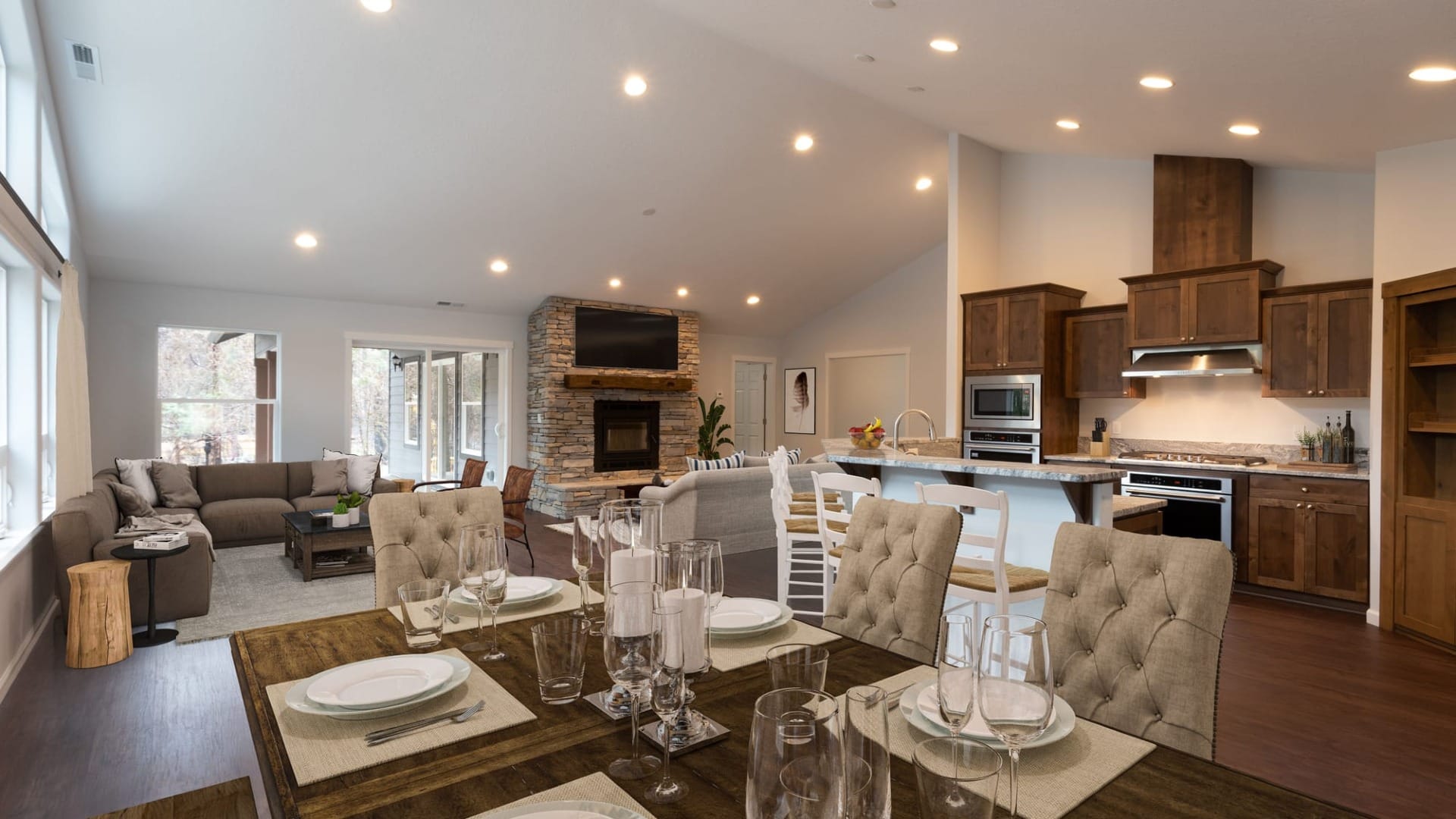 A dining room set for dinner