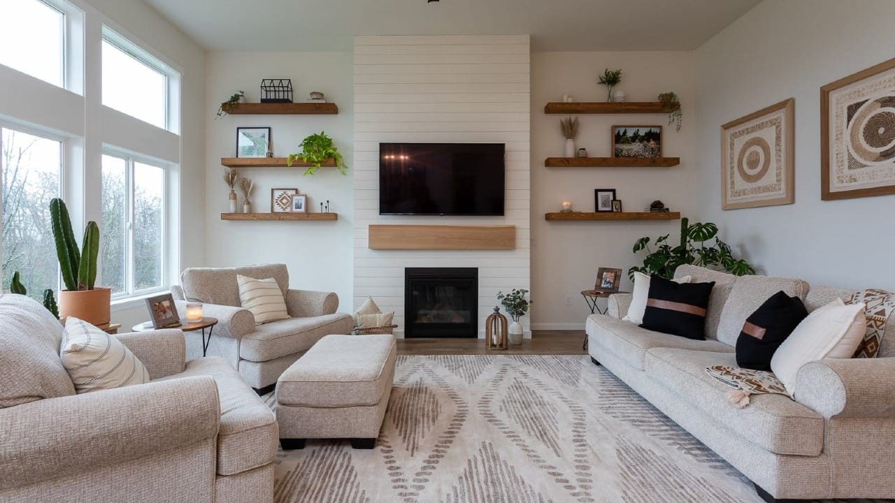 living room with white and tan asthetic