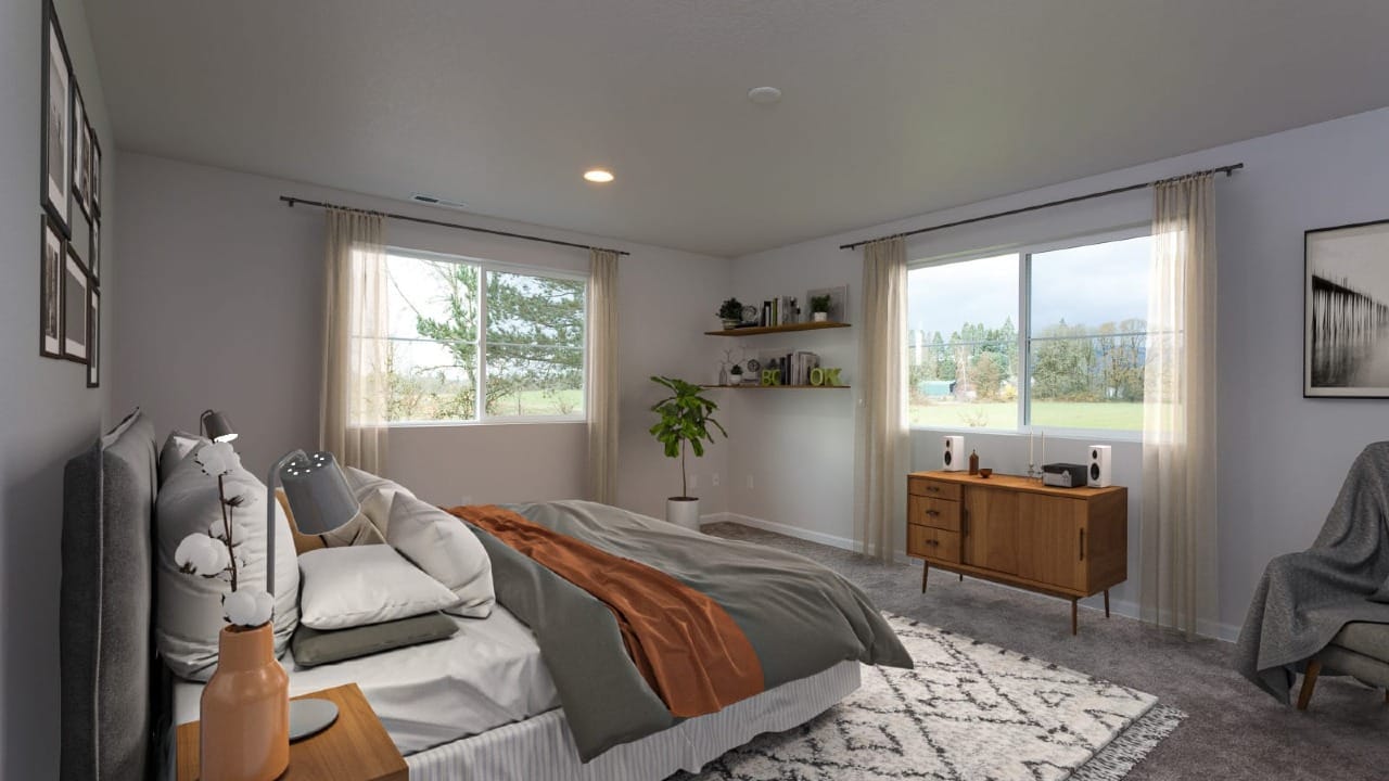 A bedroom with multiple windows and a night stand