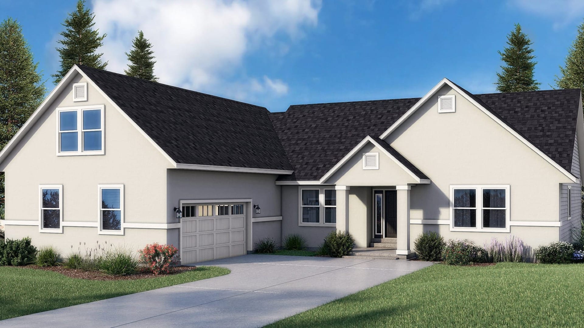 A white Stucco house with a paved driveway