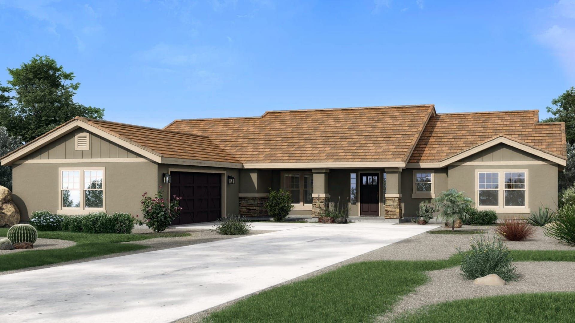 Single story craftsman style custom home with stone accents, covered entry, landscaped front yard, and attached garage.