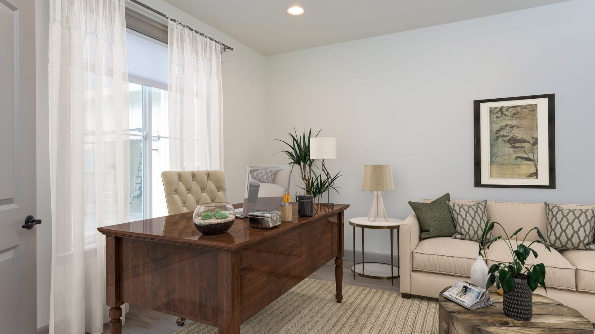 An office room with desk and chairs