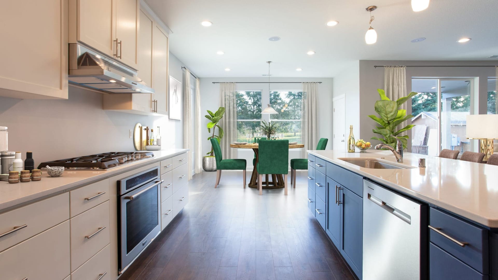 kitchen with white and navy blue asthetic