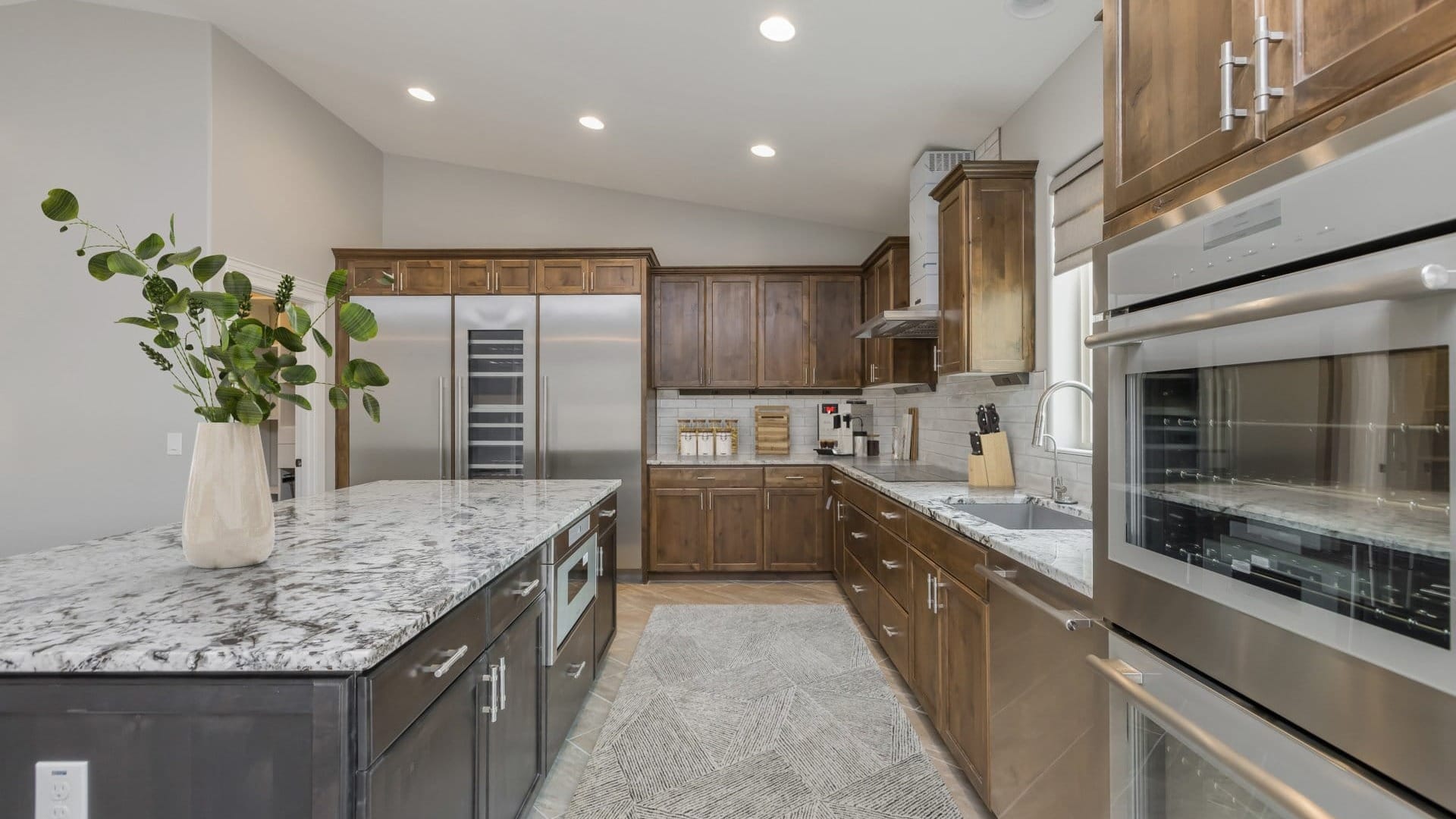 A kitchen with wooden cupboards