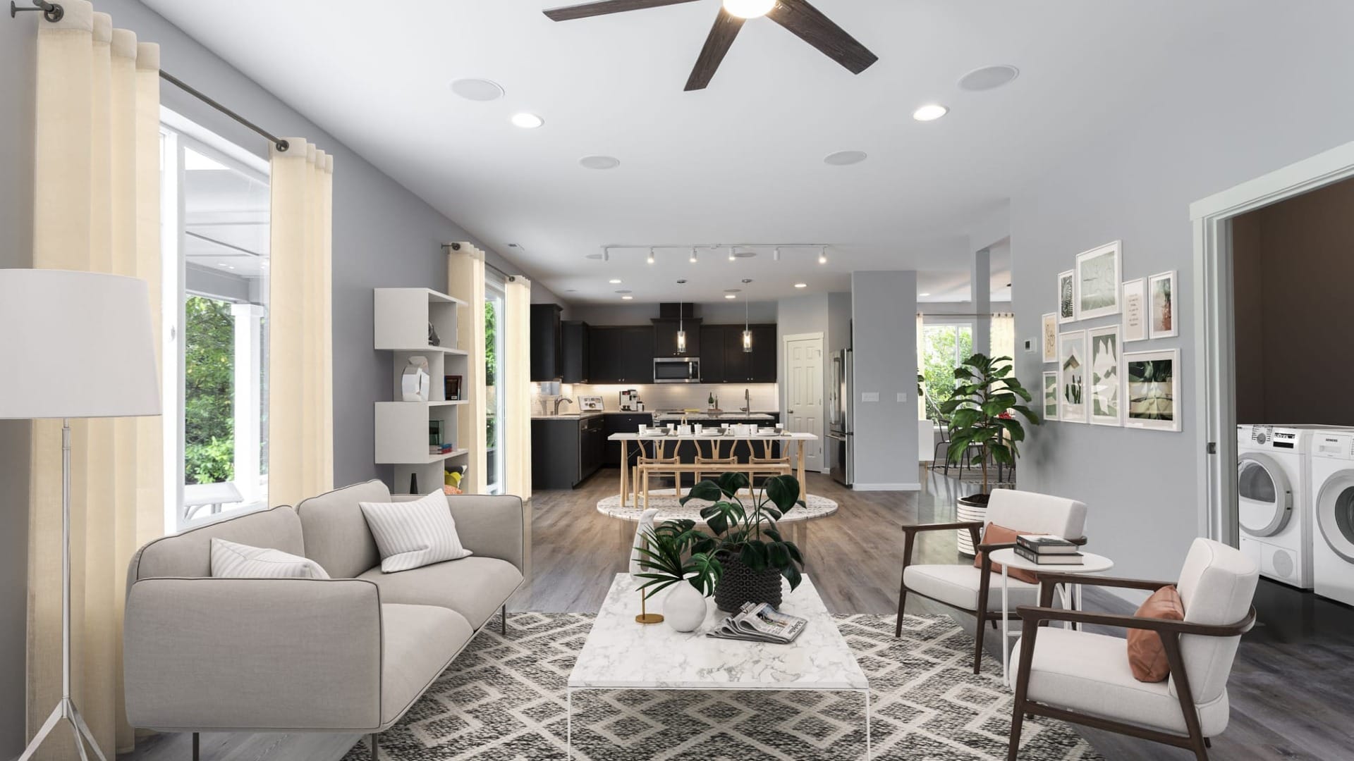 A living room with grey walls