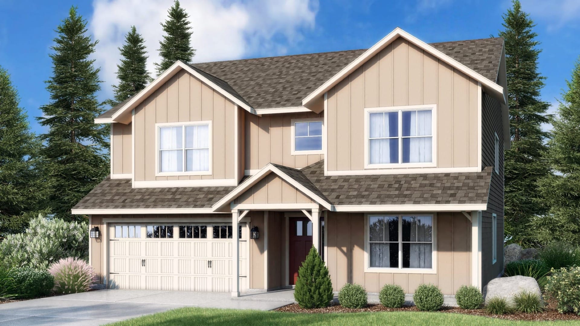 A tan house with a blue sky