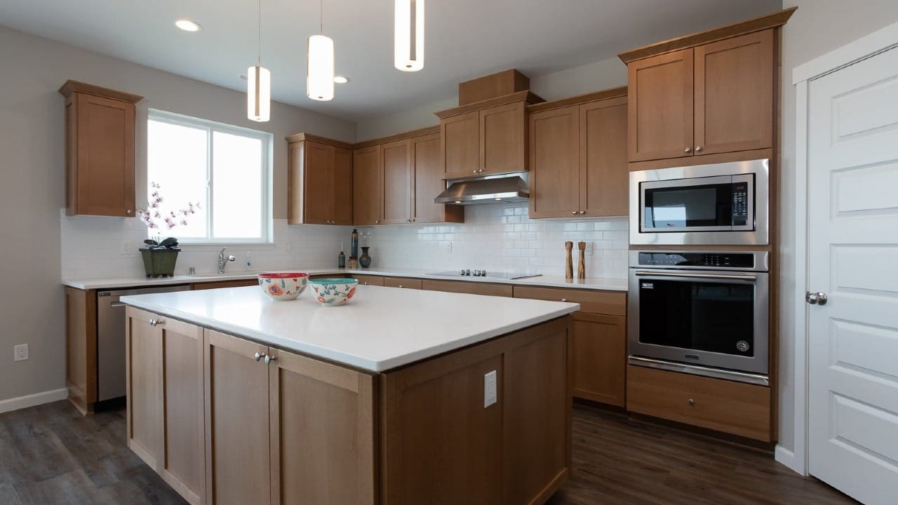 A kitchen with a massive island in the middle