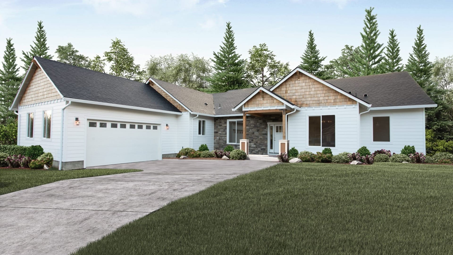 A single story custom home with white siding, stone accents, a covered entryway, and a landscaped front yard bordered by tall evergreens.