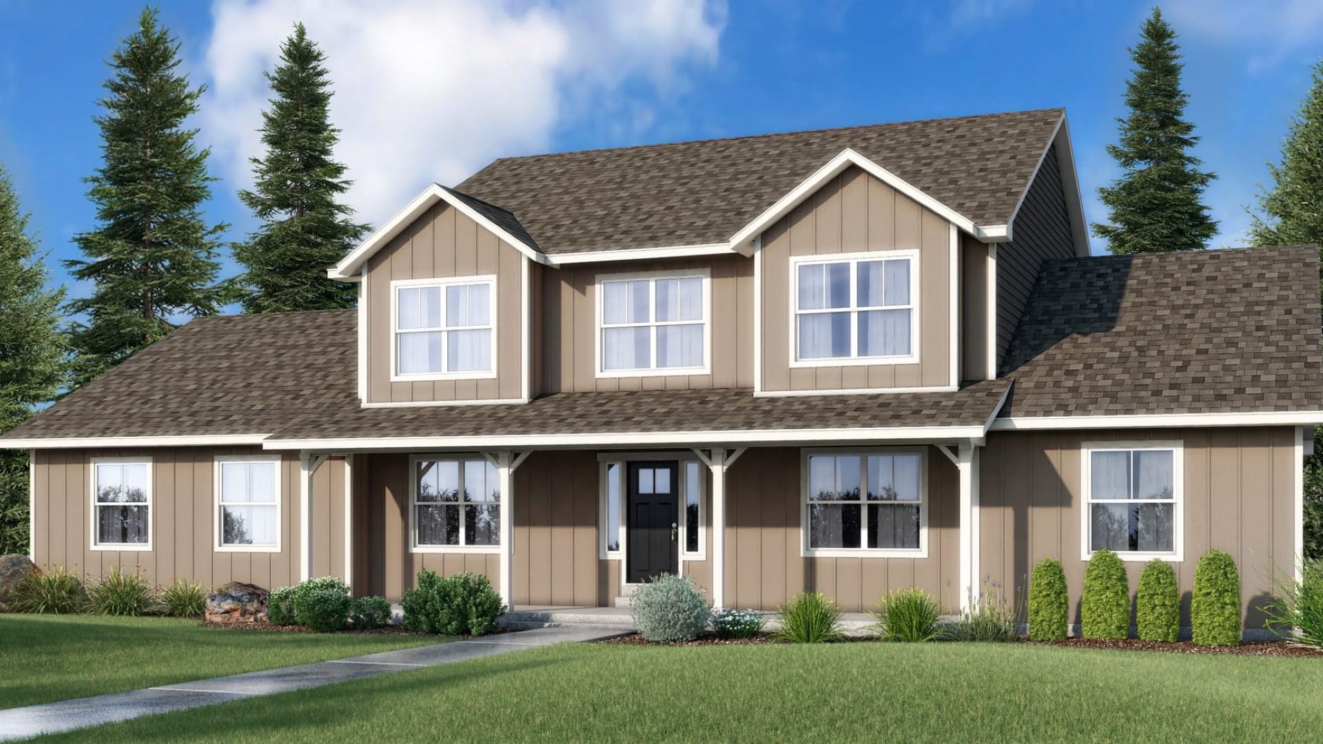 A brown house under a blue sky