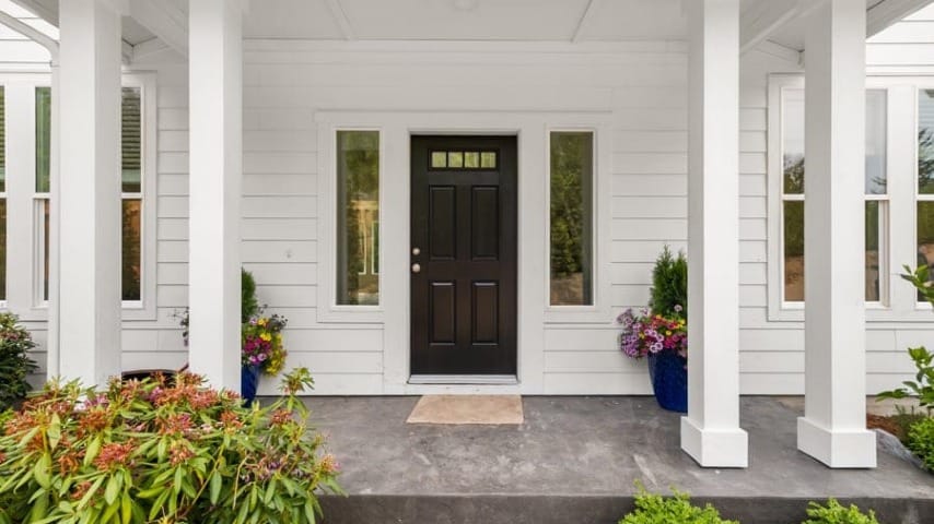 A front porch of a white house with a brown door